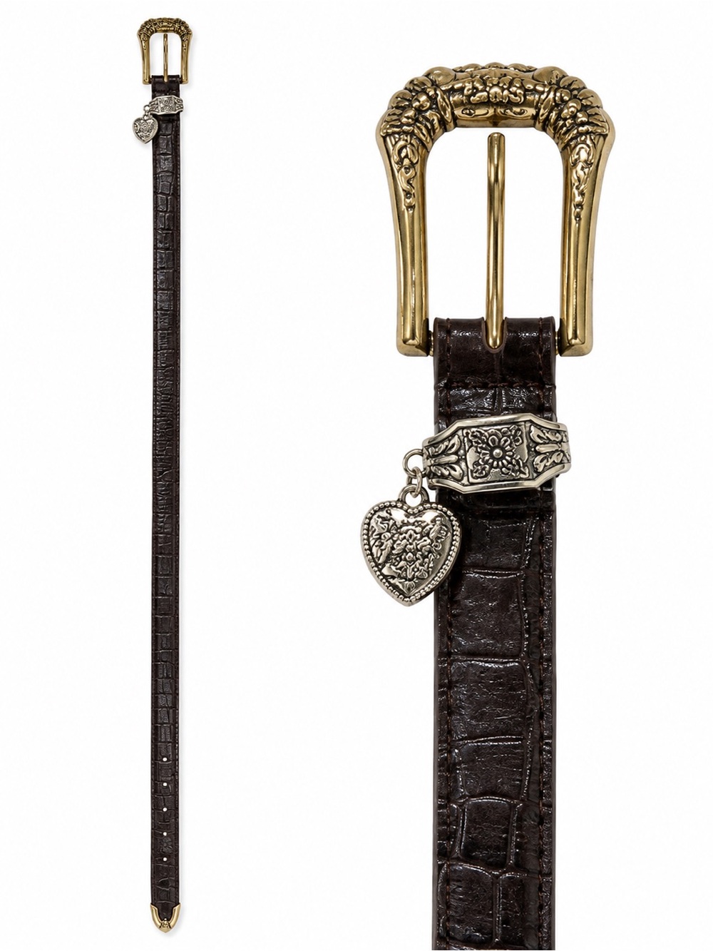 Women’s Dark Brown Brighton Croc-Embossed Leather Belt with Silver Buckle